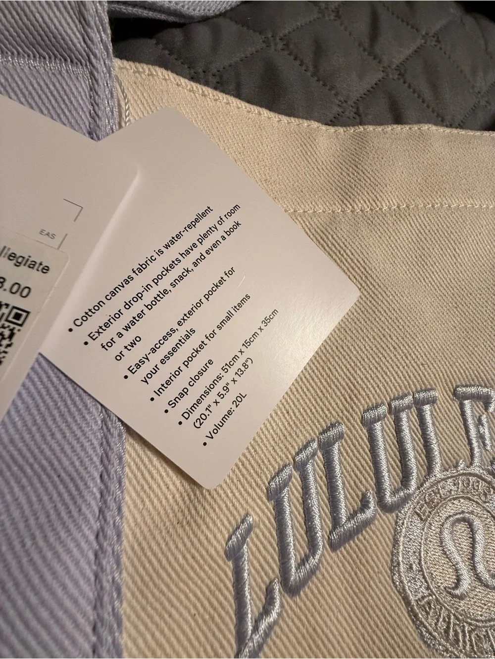 Lululemon Canvas Multi Pocket Tote Bag with Serene Blue Trim/Embroidered Logo